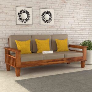 Mamta Furniture Wooden Solid Sheesham Wood 3 Seater Sofa Set with Beige Cushions