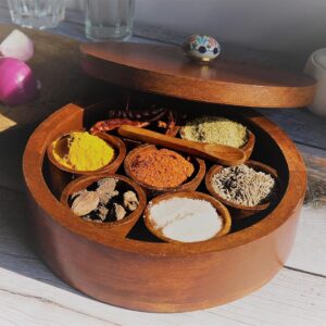 CULTURWAY Wooden Handcrafted Round Design Multipurpose Spice Box