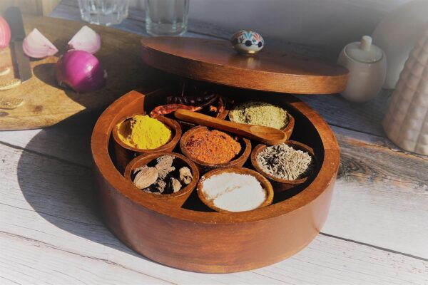 CULTURWAY Wooden Handcrafted Round Design Multipurpose Spice Box