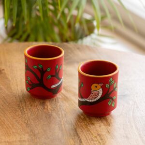 ExclusiveLane 'Forest Birds' Hand-Painted Terracotta Kullads Set Tea Cups